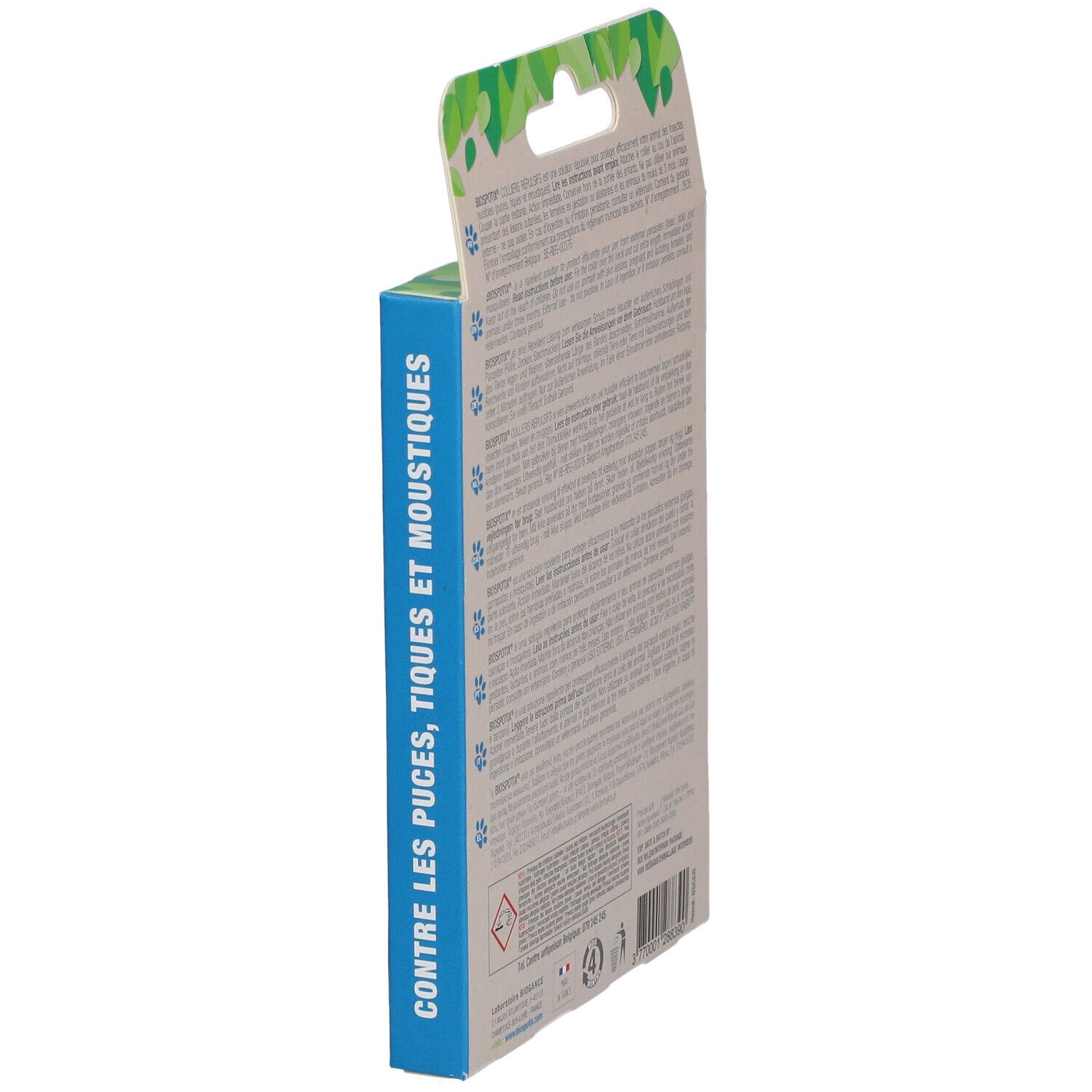 Vue latérale de la boîte BIOSPOTIX Collier Répulsif. Texte: Contre puces, tiques et moustiques. Informations d'utilisation.