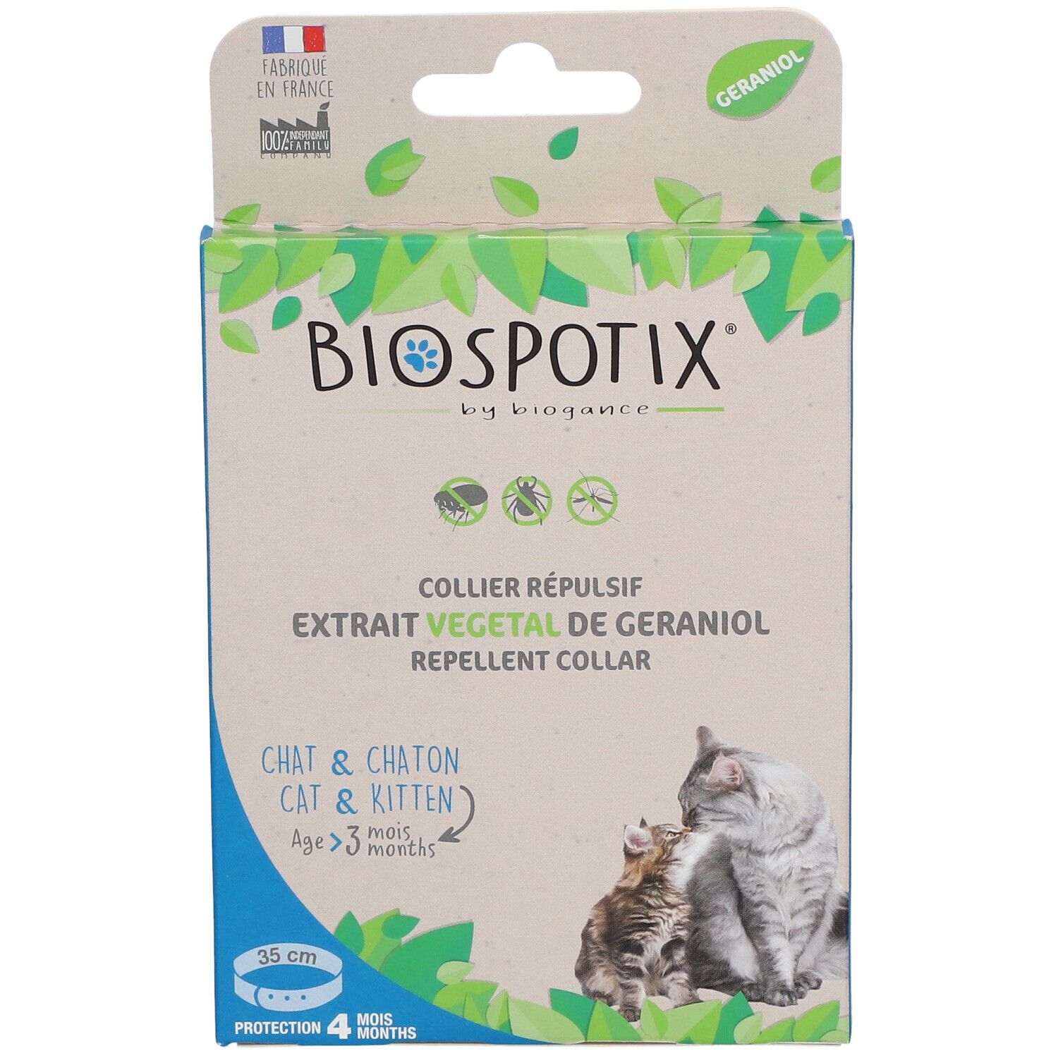 Boîte BIOSPOTIX Collier Répulsif. Texte: Extrait Végétal de Géraniol, Chat & Chaton. Image: chat et chaton.