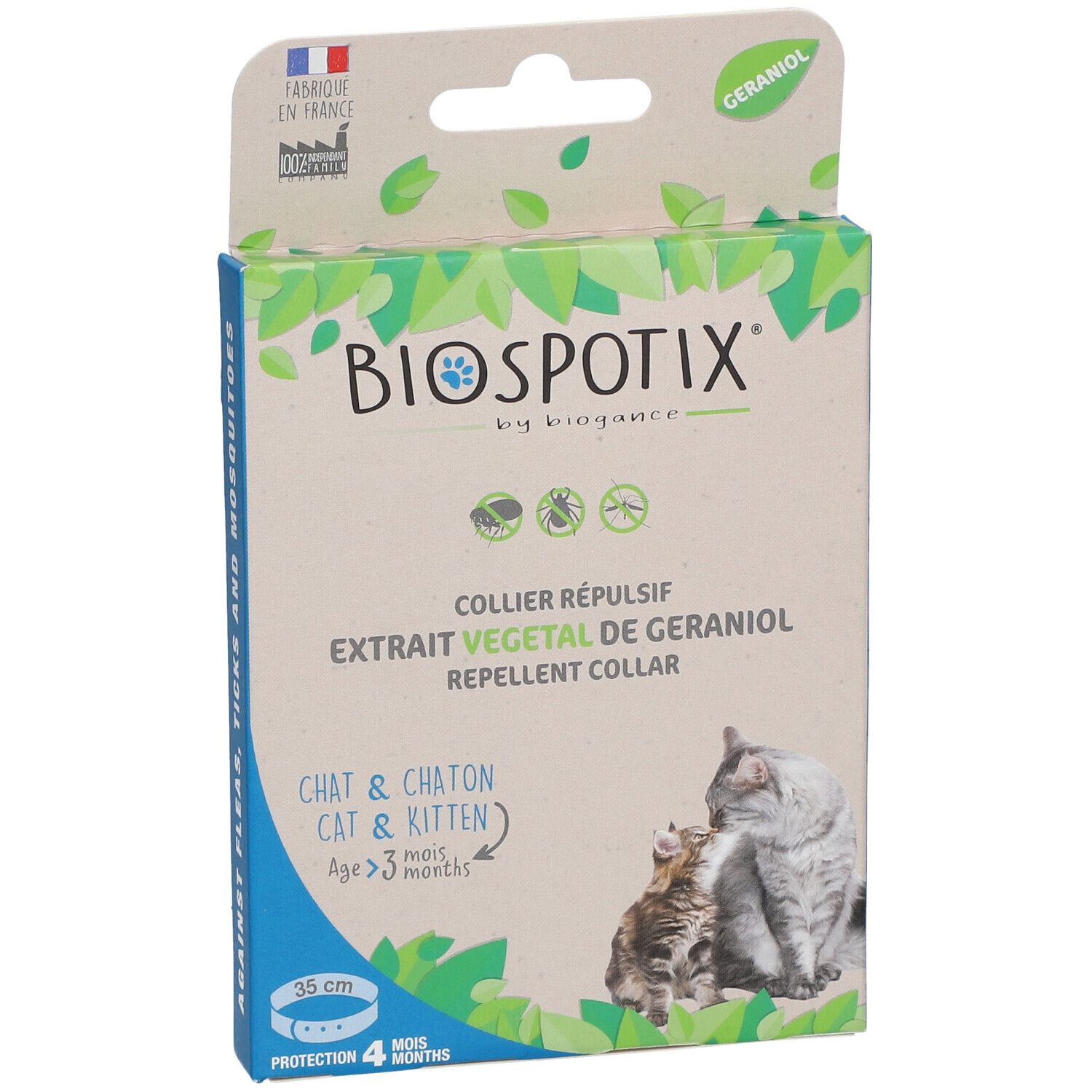 Boîte BIOSPOTIX Collier Répulsif. Texte: Extrait Végétal de Géraniol, Chat & Chaton. Image: Chat et chaton.