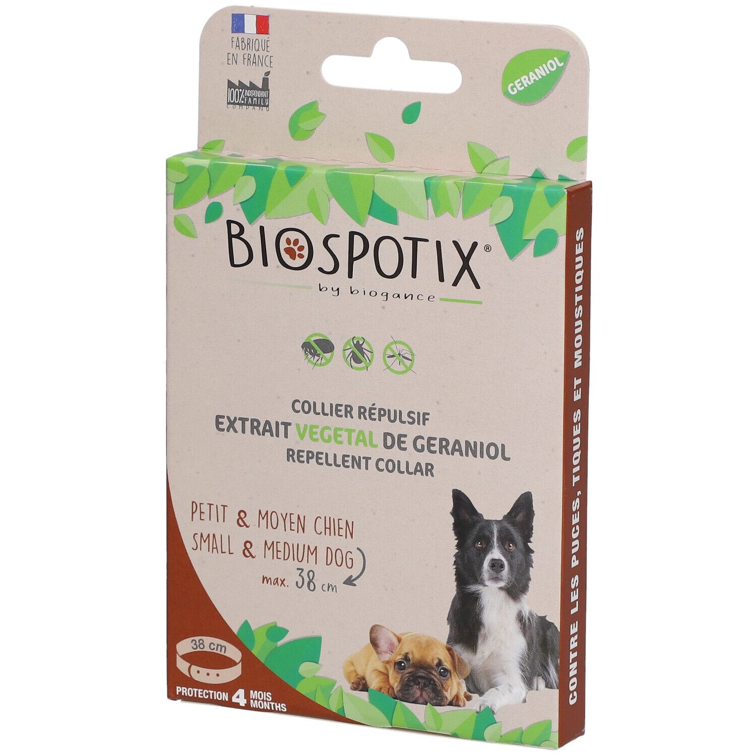 Boîte Biospotix pour chiens petits et moyens. Collier répulsif au géraniol. Illustrations de chiens.