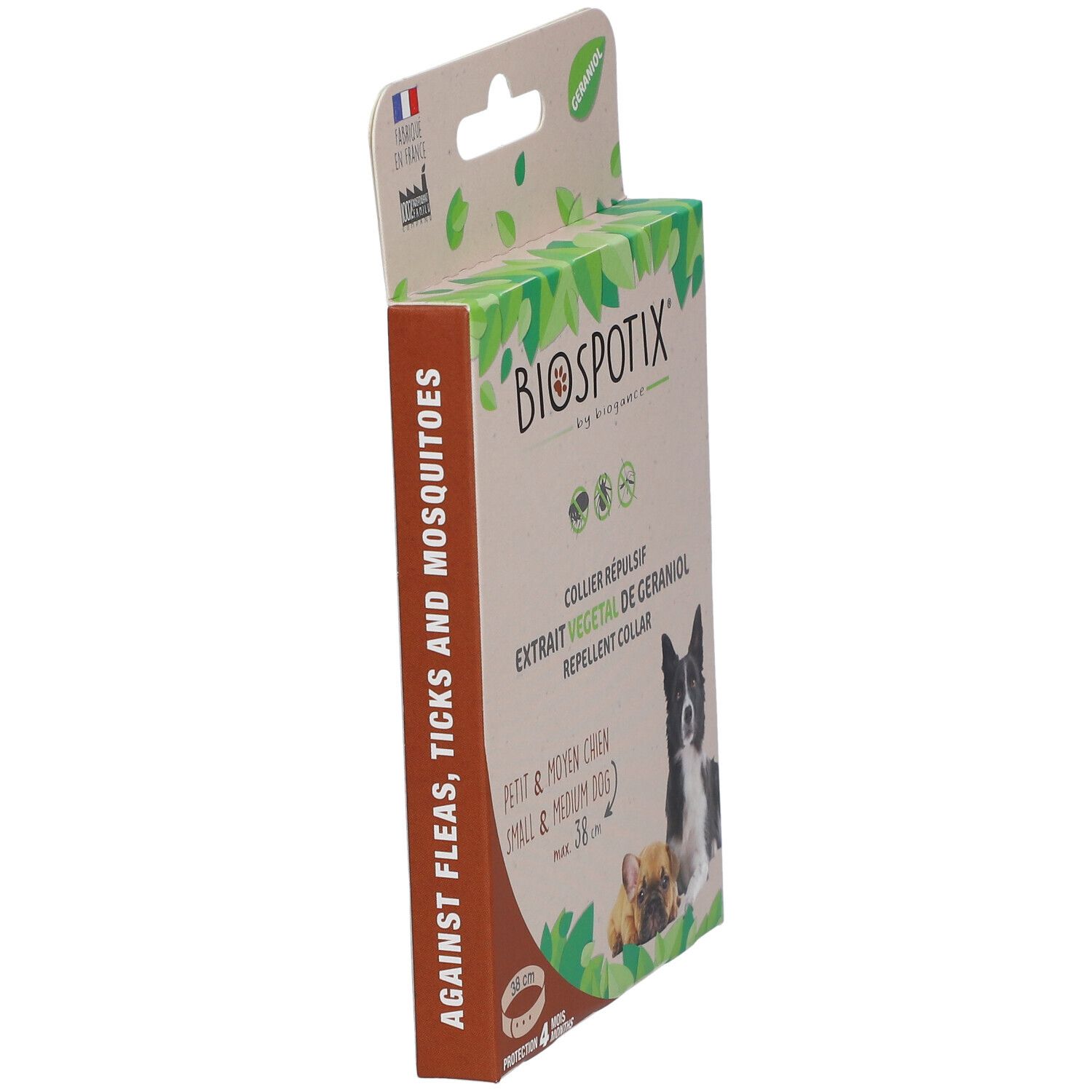 Vue latérale de la boîte Biospotix. Texte: Contre les puces, tiques et moustiques. Logo et nom du produit.