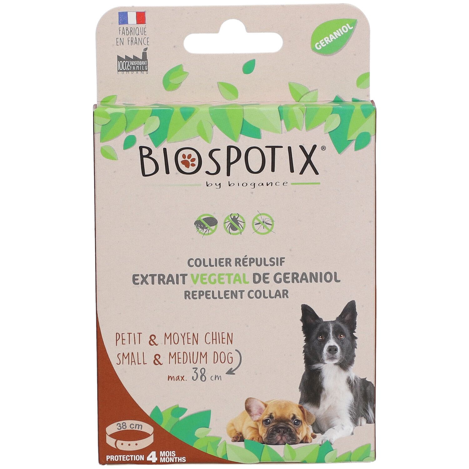 Boîte Biospotix pour chiens petits et moyens. Collier au géraniol. Illustrations de chiens.