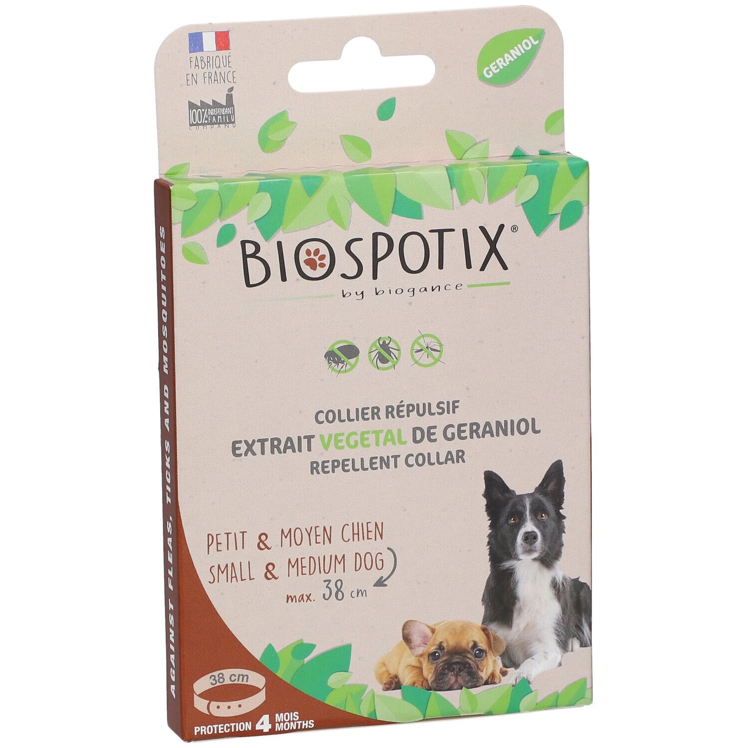 Boîte Biospotix pour chiens petits et moyens. Collier au géraniol. Illustrations de chiens.