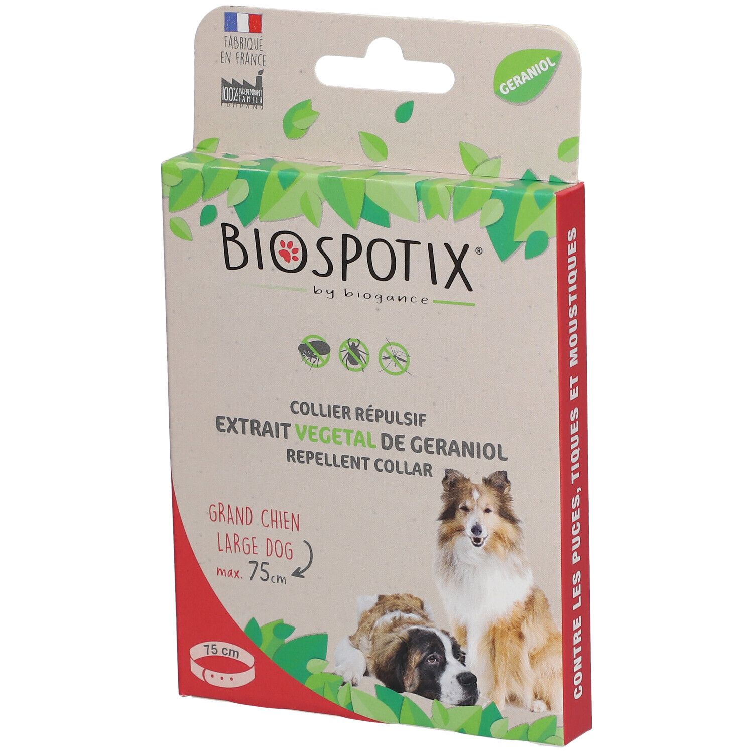 Boîte de collier répulsif pour chiens. Texte: BIOSPOTIX, COLLIER RÉPULSIF, EXTRAIT VÉGÉTAL DE GERANIOL, GRAND CHIEN, max. 75cm. Chiens illustrés.