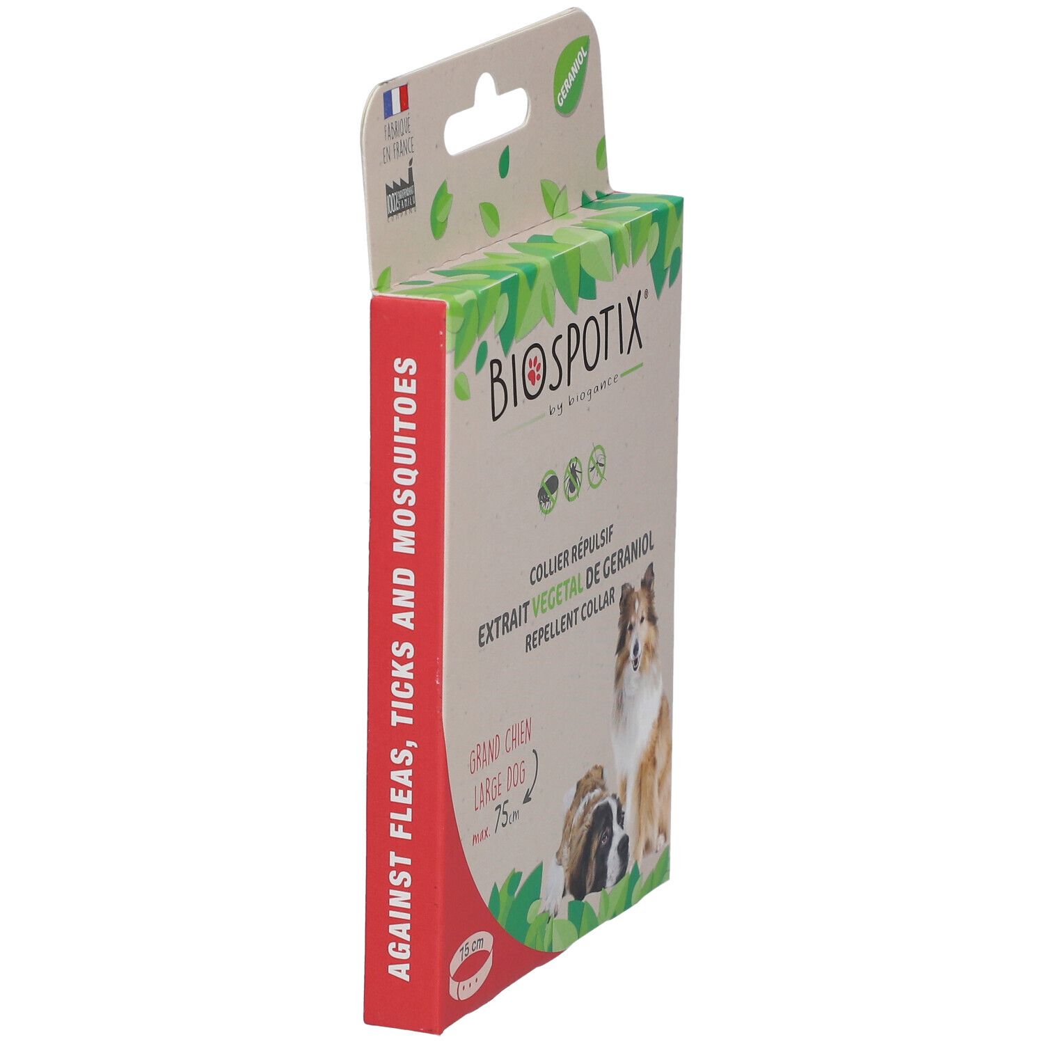Vue latérale de la boîte de collier pour chiens. Texte: BIOSPOTIX, COLLIER RÉPULSIF, EXTRAIT VÉGÉTAL DE GERANIOL. Côté rouge avec texte.