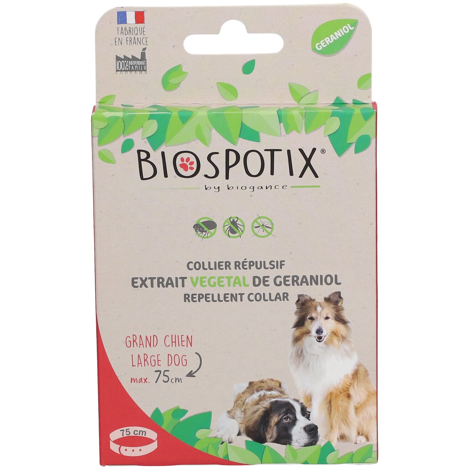 Boîte de collier répulsif pour chiens. Texte: BIOSPOTIX, COLLIER RÉPULSIF, EXTRAIT VÉGÉTAL DE GERANIOL, GRAND CHIEN, max. 75cm. Chiens illustrés.