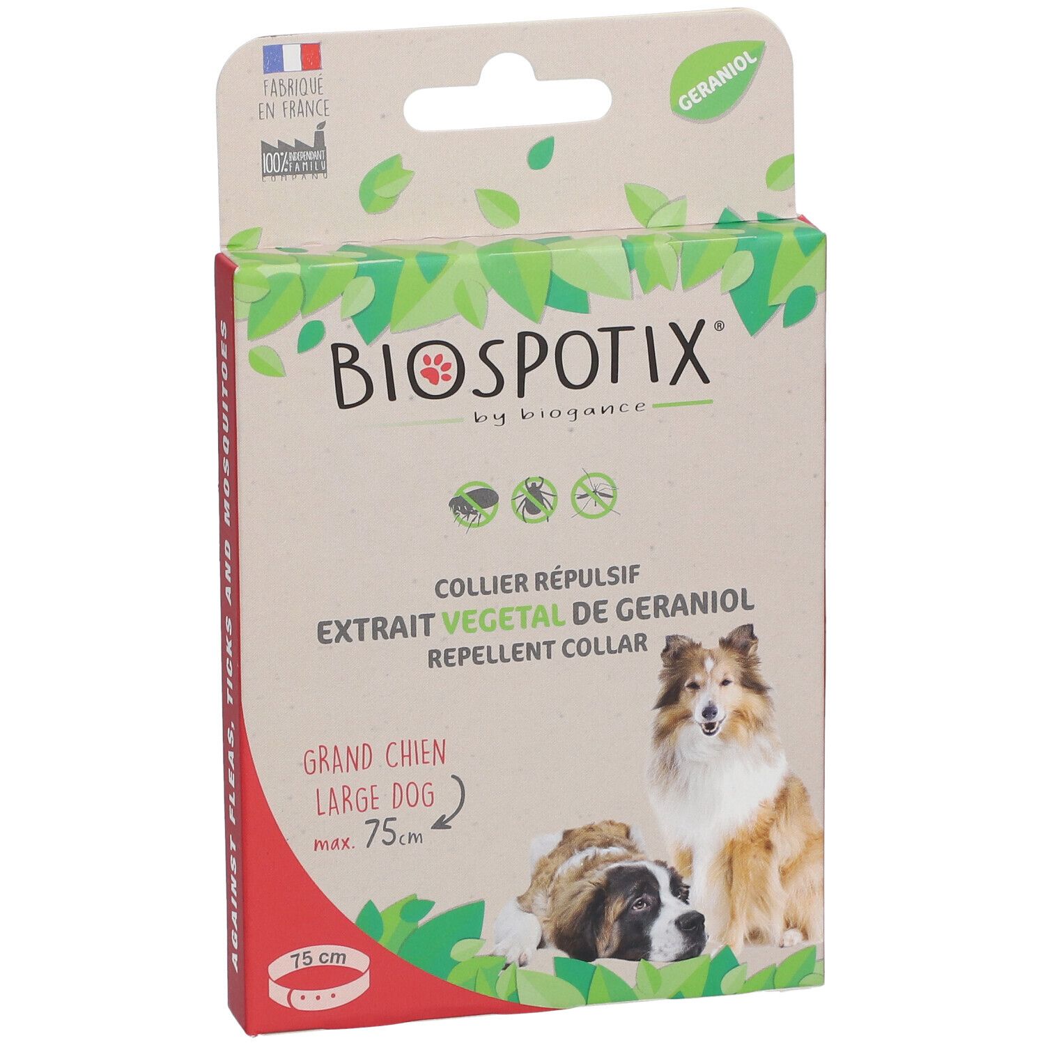 Boîte de collier répulsif pour chiens. Texte: BIOSPOTIX, COLLIER RÉPULSIF, EXTRAIT VÉGÉTAL DE GERANIOL, GRAND CHIEN, max. 75cm. Chiens illustrés.