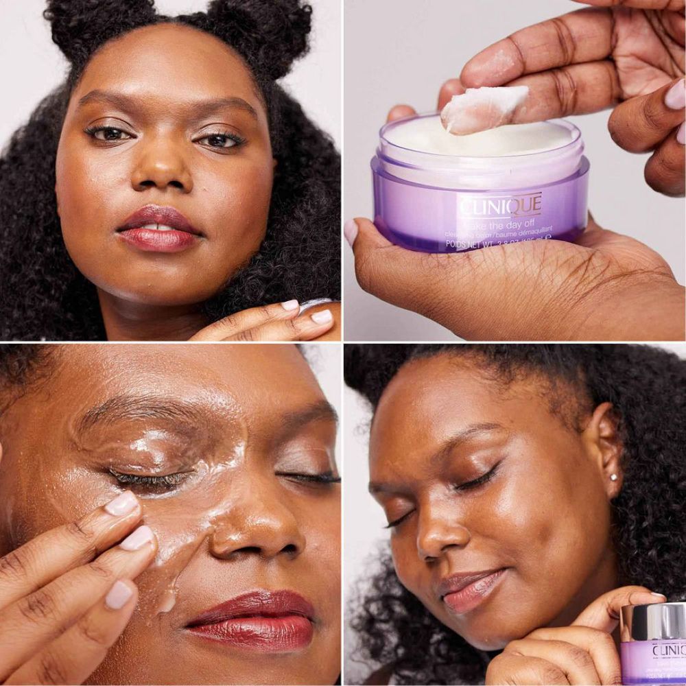 Quatre images montrent une personne utilisant le produit. Produit : CLINIQUE Take the Day Off.