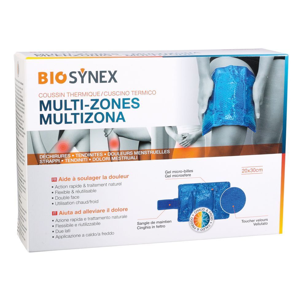 Boîte BIOSYNEX Coussin Thermique Multizone, 20x30cm. Texte en français.