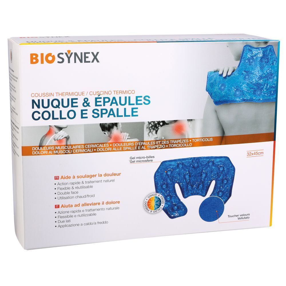 Emballage BIOSYNEX. Coussin thermique nuque et épaules. Coussin bleu sur l'emballage. Dimensions : 32x45 cm. Texte multilingue.