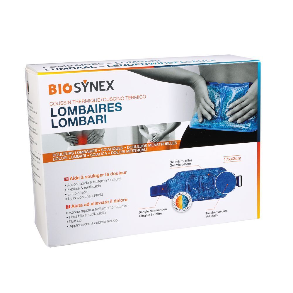 Boîte BIOSYNEX Coussin Thermique Lombaires. Coussin bleu, 17x43cm, sur le dos d'une personne. Texte en plusieurs langues.