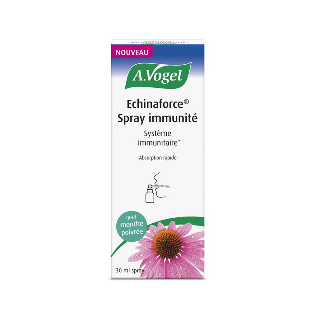 Boîte A.Vogel Echinaforce® Spray Immunité. Inscription, illustration de fleur et informations produit.