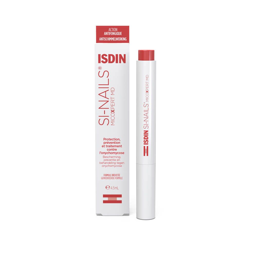 Emballage et stylo du produit. Inscription : ISDIN Si-Nails MicoXpert MD.