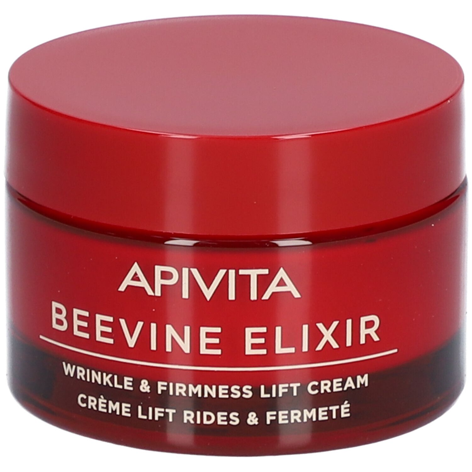 Pot rouge avec couvercle. Inscription : APIVITA BEEVINE ELIXIR. Crème anti-rides et fermeté.