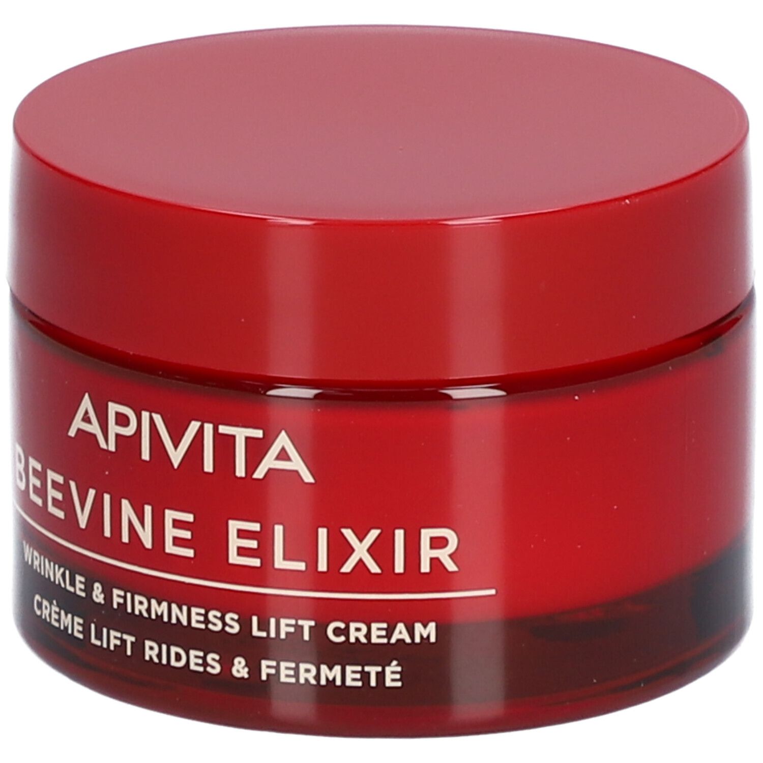 Pot rouge avec couvercle. Inscription : APIVITA BEEVINE ELIXIR. Crème anti-rides et fermeté.