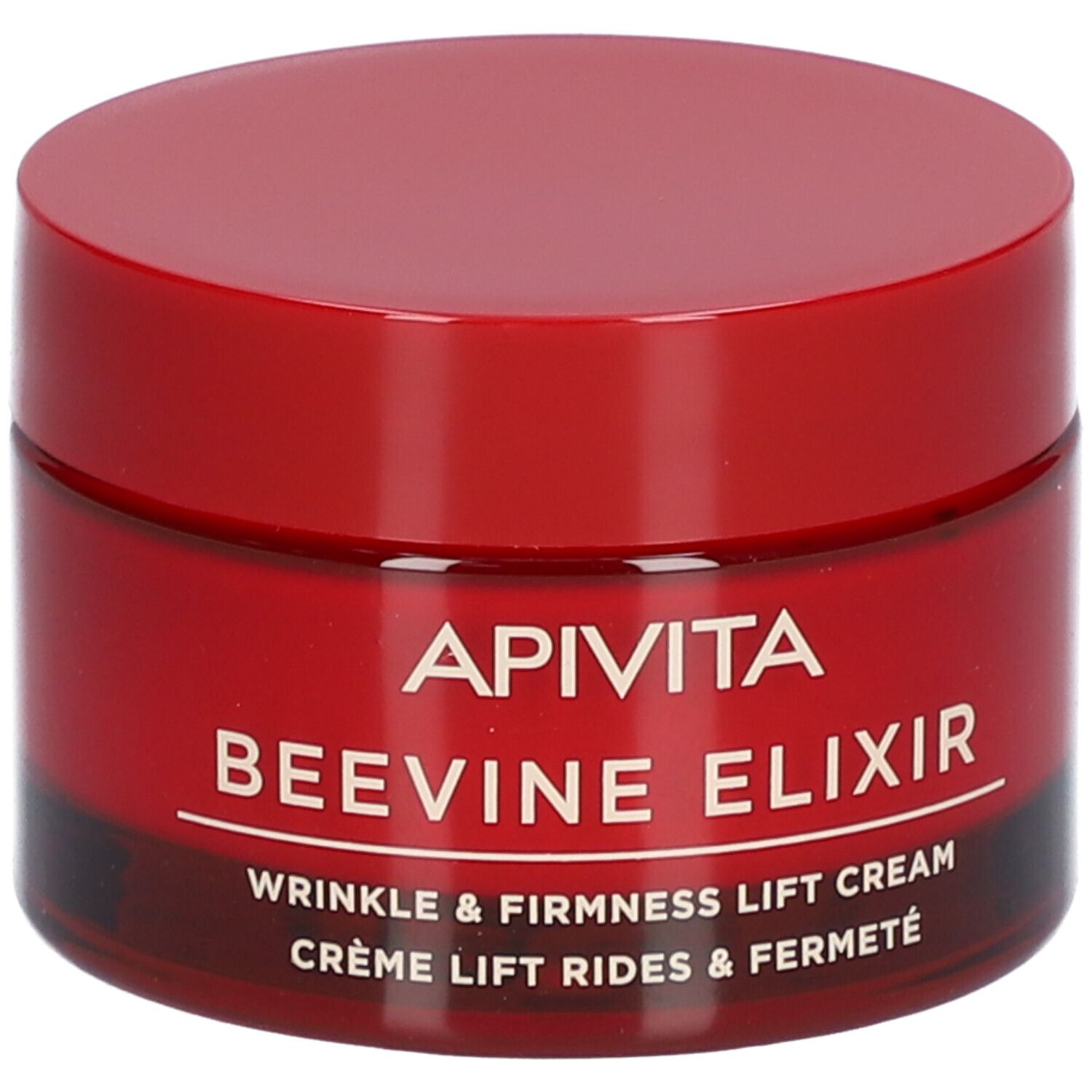 Pot rouge avec couvercle. Inscription : APIVITA BEEVINE ELIXIR. Crème anti-rides et fermeté.