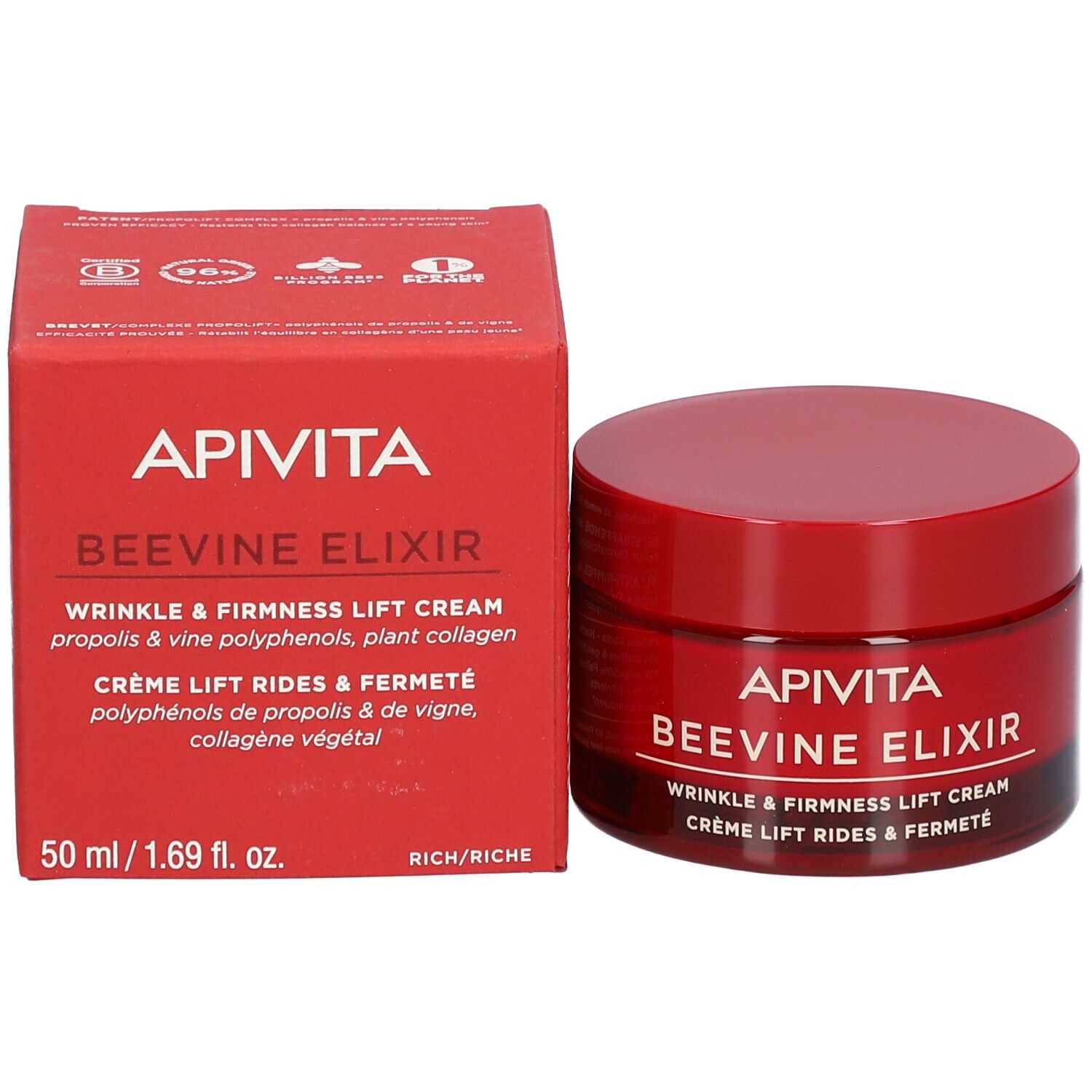 Pot et boîte rouges. Inscription : APIVITA BEEVINE ELIXIR. Crème anti-rides et fermeté.