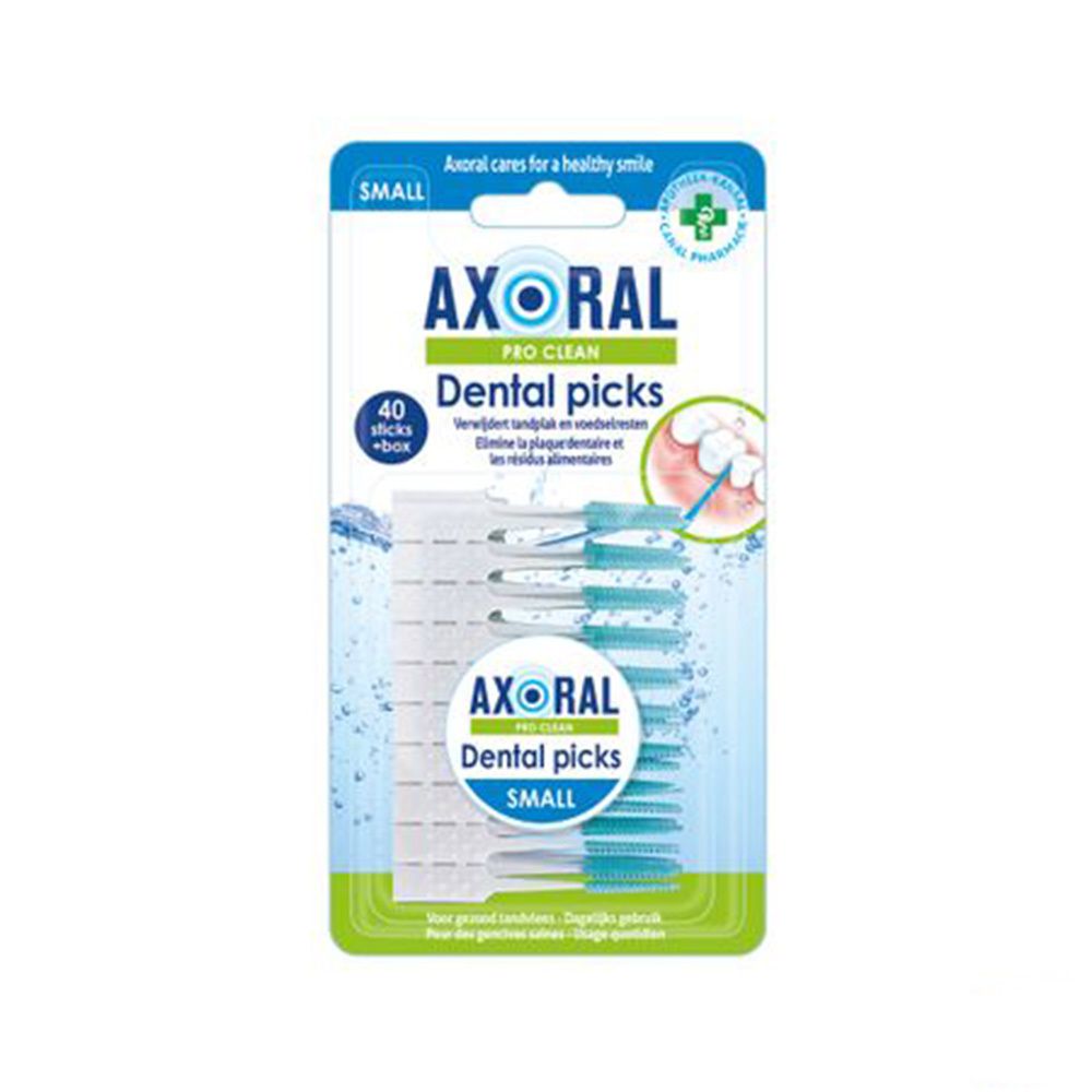 Axoral Pro Clean Dental Picks. Emballage blister avec 40 bâtonnets et une boîte. Cure-dents bleus et blancs. Inscription : "Dental picks".