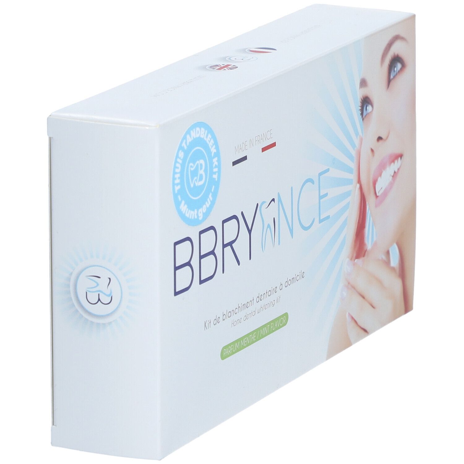 Boîte de kit de blanchiment dentaire Bbryance. Marque et visage souriant. Saveur menthe.