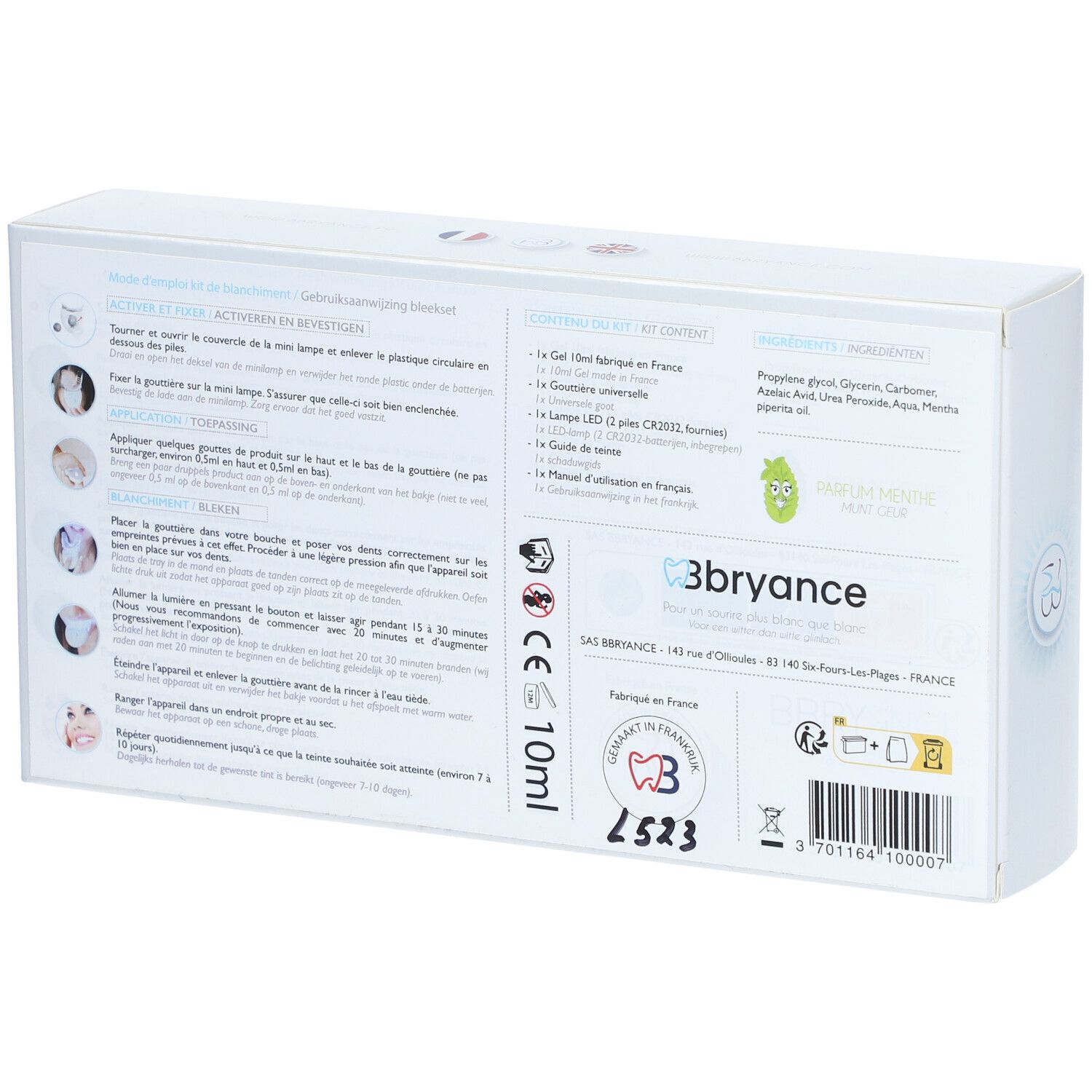Dos de la boîte du kit de blanchiment dentaire Bbryance. Informations, ingrédients et mode d'emploi.