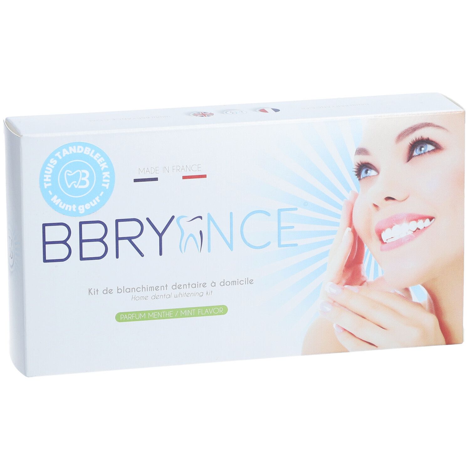 Boîte de kit de blanchiment dentaire Bbryance. Marque et visage souriant. Saveur menthe.