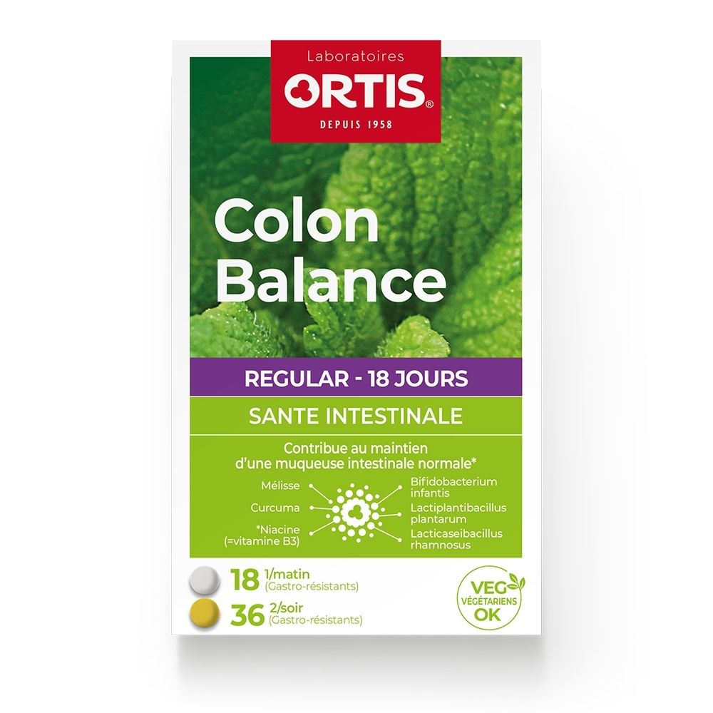 Boîte Ortis Colon Balance Regular sur fond de feuilles de menthe.