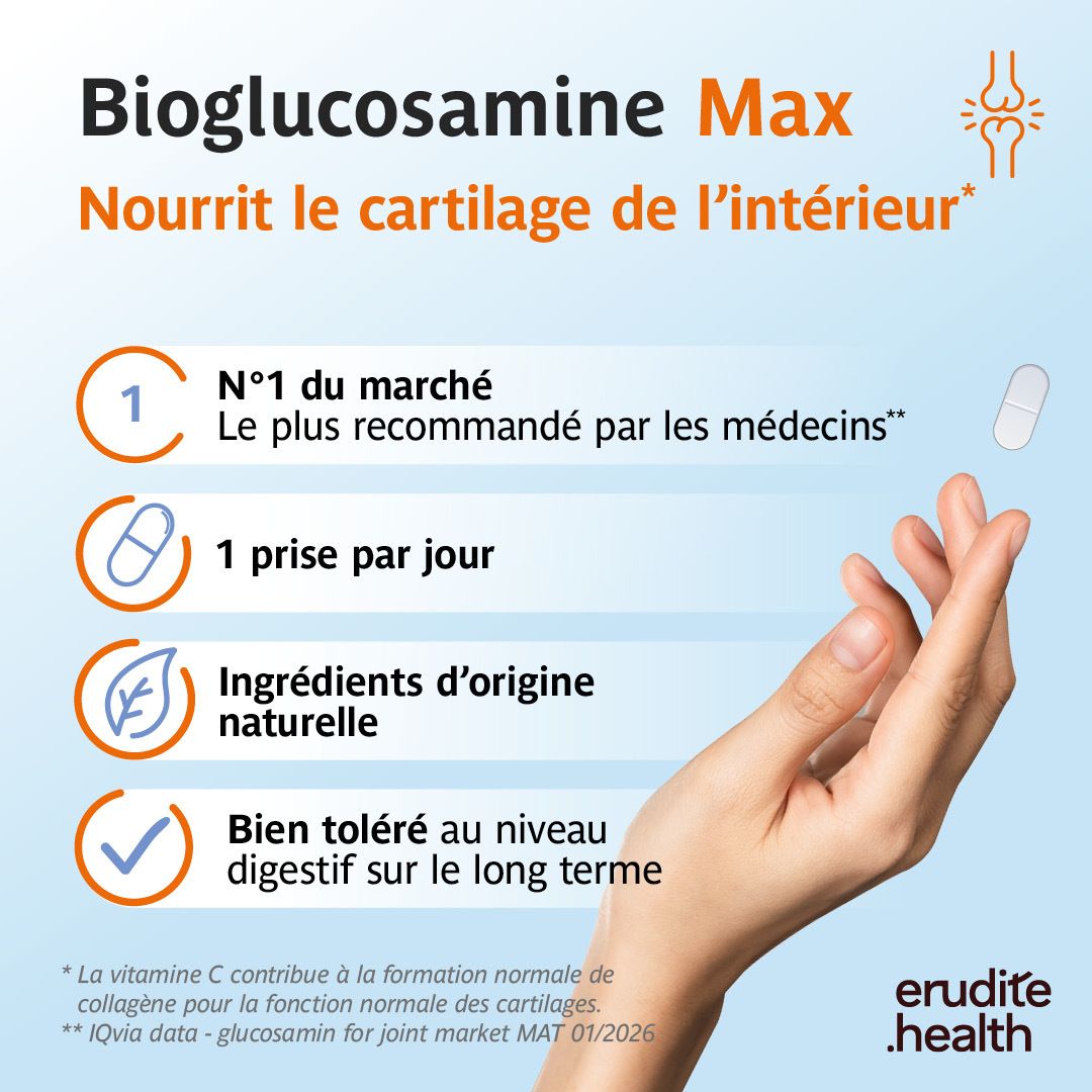 Bioglucosamine Max: N°1 du marché, recommandé par les médecins. 1 prise par jour.