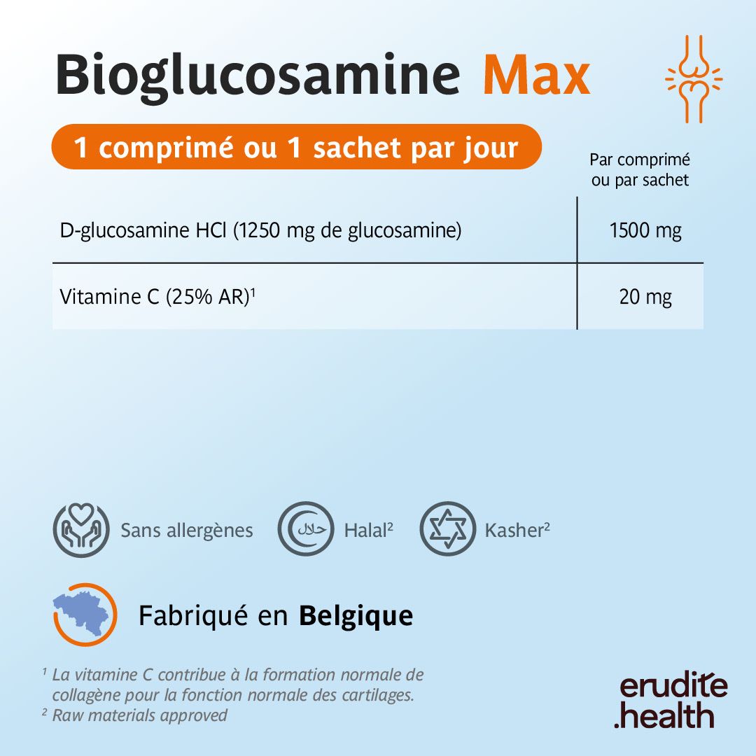 Bioglucosamine Max: Ingrédients d'origine naturelle. Bien toléré au niveau digestif sur le long terme.