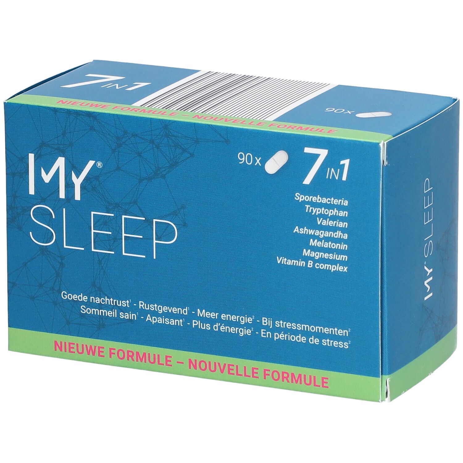 Boîte bleu et blanche "MY SLEEP" avec formule "7 en 1". Contient 90 comprimés. Inscription: Bonne nuit, plus d'énergie.