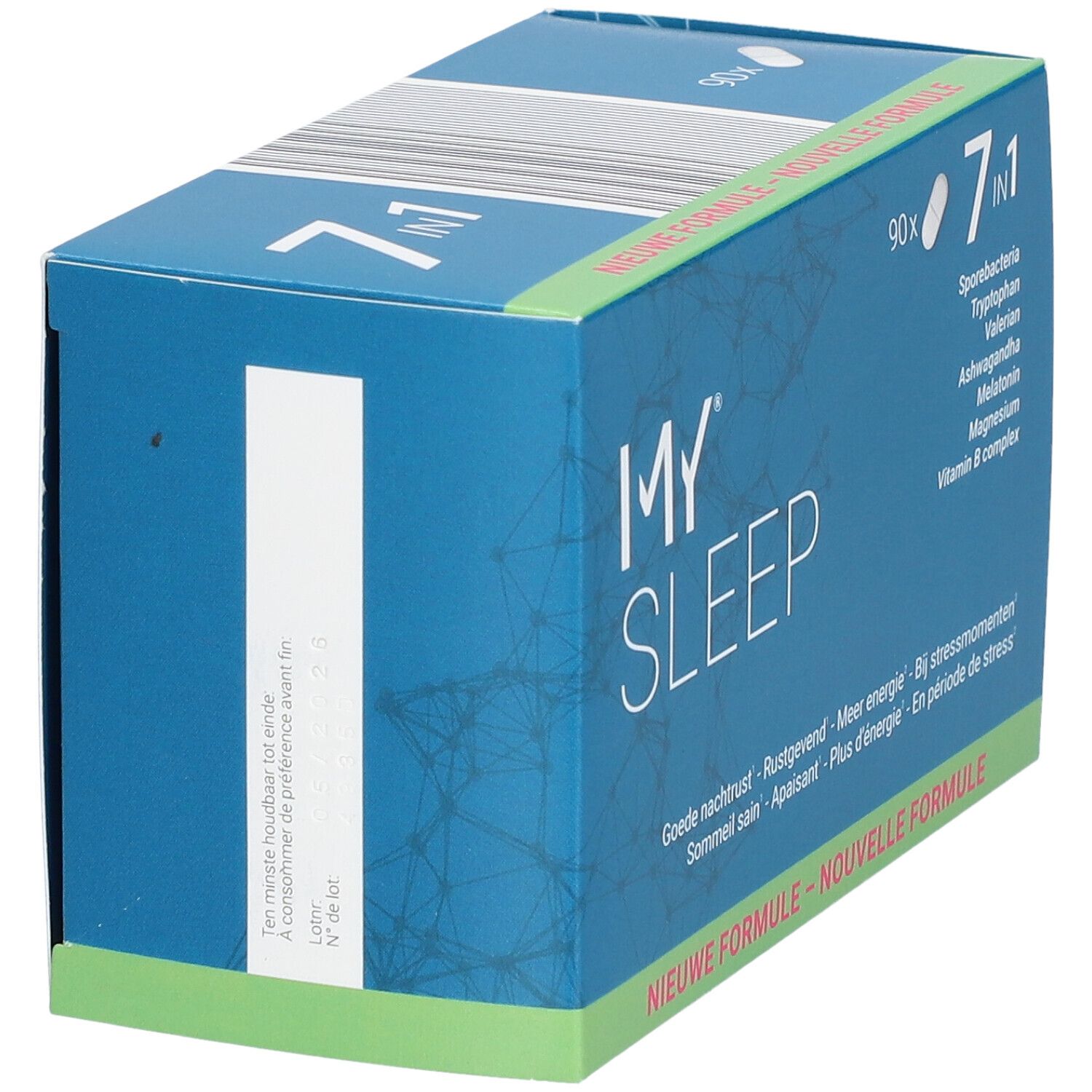 Boîte "MY SLEEP" avec formule "7 en 1". Emballage bleu avec logo blanc. Contient 90 comprimés. Texte: Nouvelle formule.