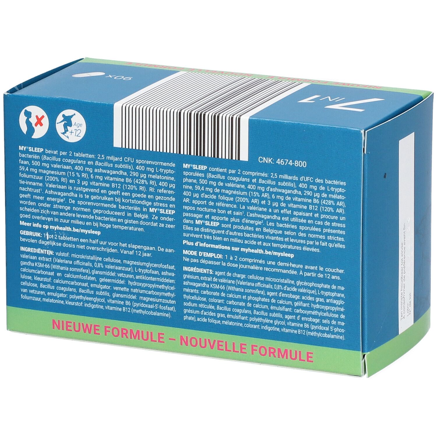 Dos de la boîte "MY SLEEP". Contient des informations sur les ingrédients et le dosage. Emballage bleu avec texte blanc.