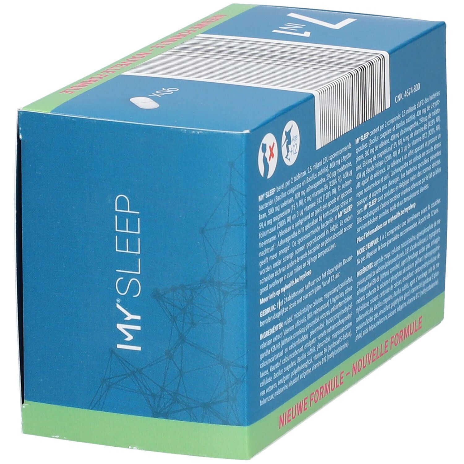 Vue latérale de la boîte "MY SLEEP". Emballage bleu avec texte blanc. Contient des informations sur les ingrédients et le dosage.