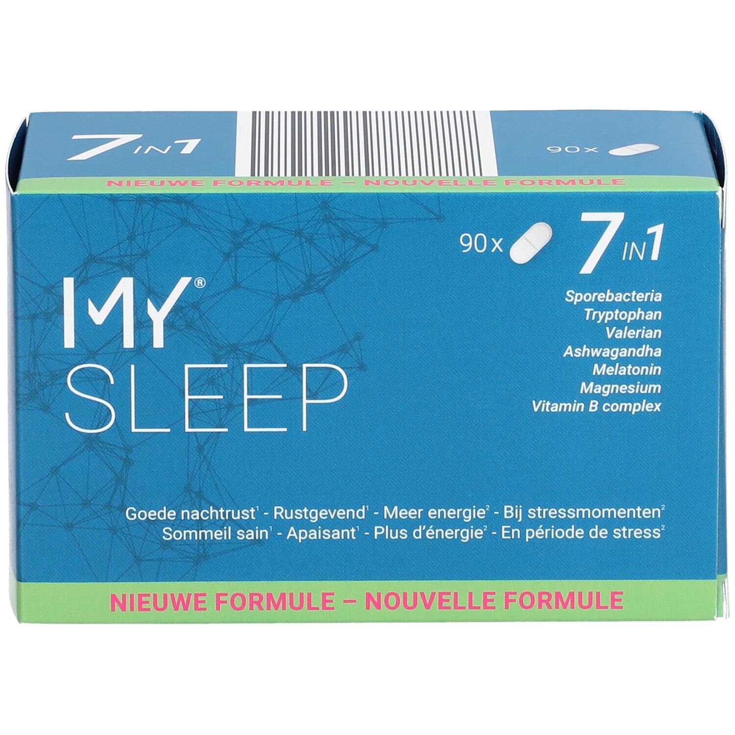 Boîte bleue "MY SLEEP" avec formule "7 en 1". Contient 90 comprimés. Inscription: Bonne nuit, plus d'énergie. Capsule blanche illustrée.