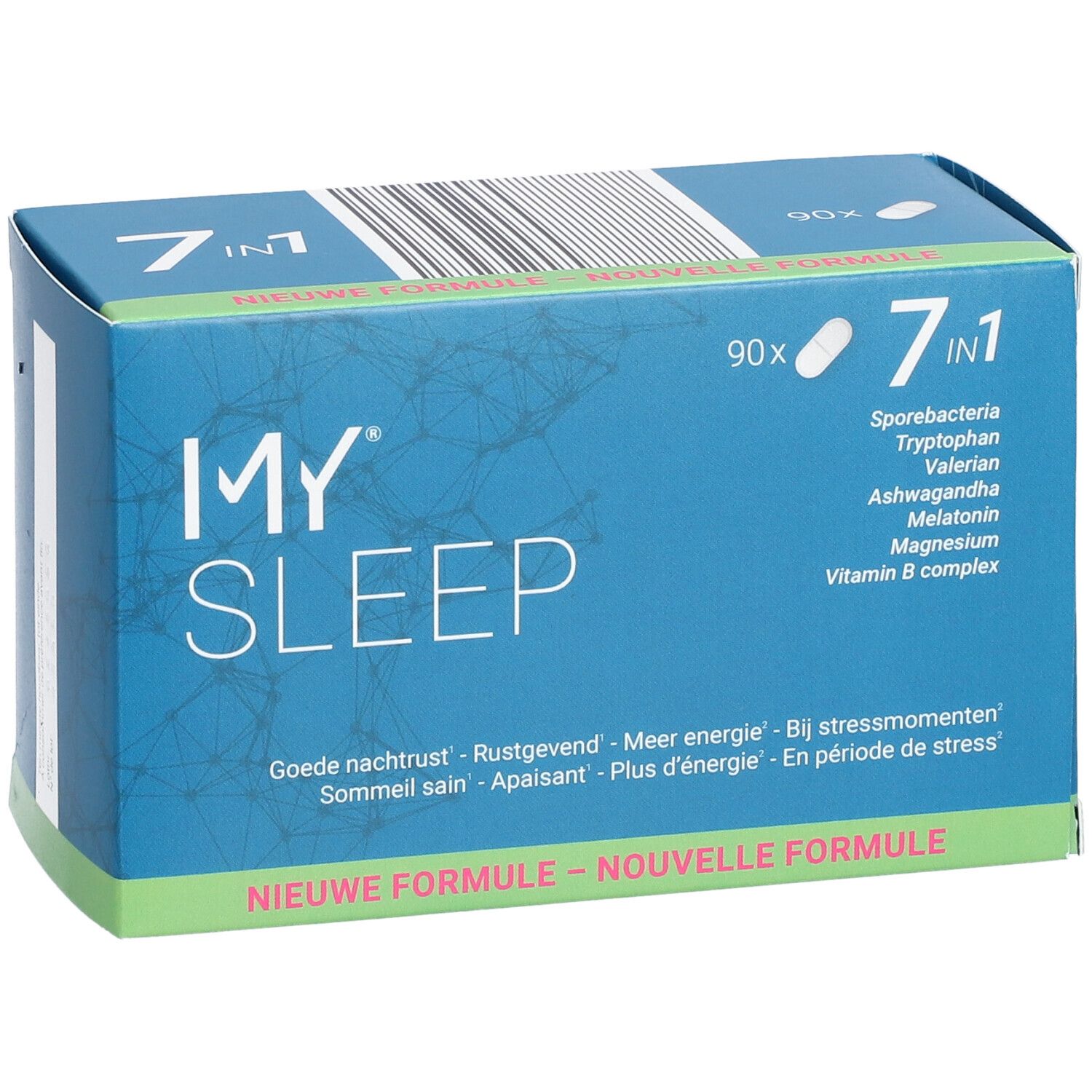 Boîte bleue "MY SLEEP" avec formule "7 en 1". Contient 90 comprimés. Inscription: Bonne nuit, plus d'énergie. Capsule blanche illustrée.