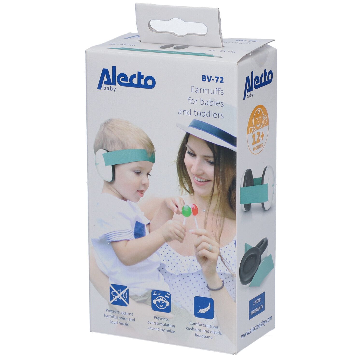 Boîte de protection auditive pour bébés et tout-petits. Marque Alecto Baby. Illustration d'un enfant portant un casque.