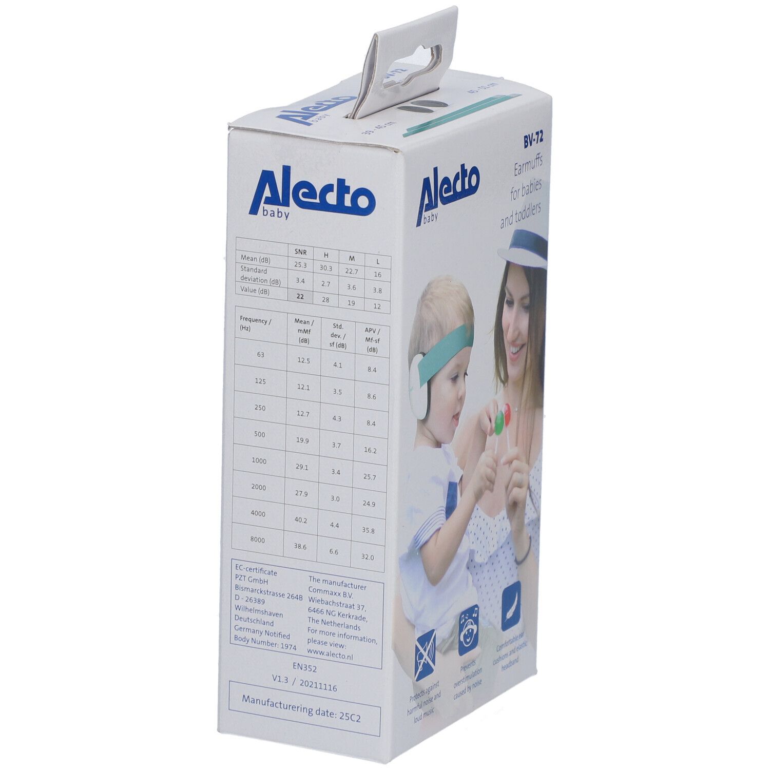 Emballage de protection auditive pour bébés et tout-petits. Marque Alecto Baby. Données techniques et informations sur la réduction du bruit.