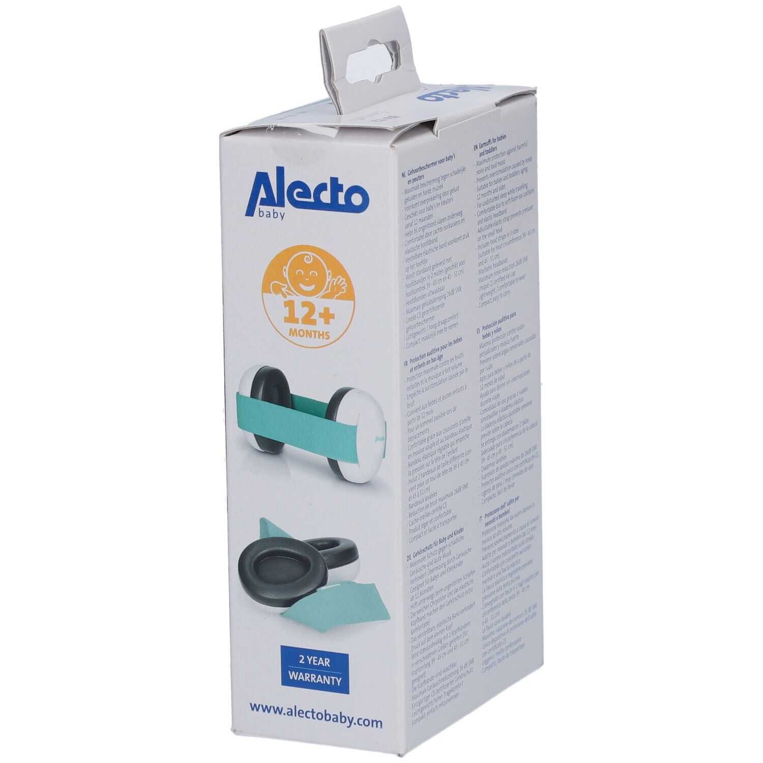 Emballage de protection auditive pour bébés et tout-petits. Marque Alecto Baby. Image du produit et indication d'âge 12+ mois.