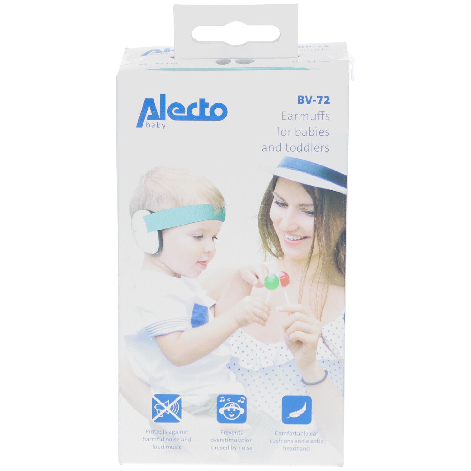 Boîte de protection auditive pour bébés et tout-petits. Marque Alecto Baby. Illustration d'un enfant portant un casque.