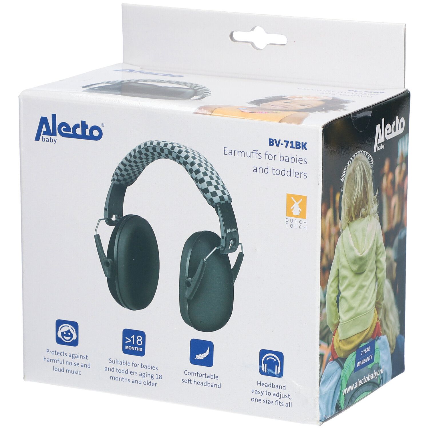 Casque antibruit Alecto Baby noir pour enfants, en boîte. Inscriptions: BV-71BK, Earmuffs, dès 18 mois.