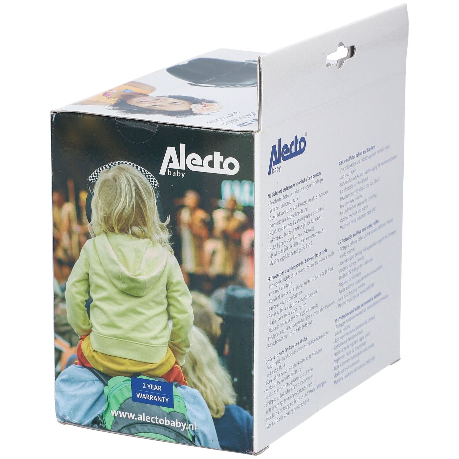 Emballage avec enfant sur les épaules. Inscriptions: Alecto Baby, garantie 2 ans, www.alectobaby.nl.