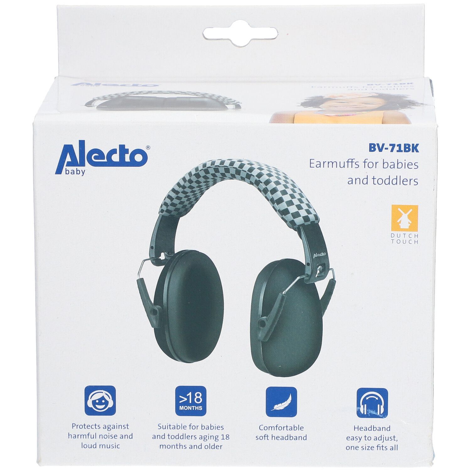 Casque antibruit Alecto Baby noir pour enfants, en boîte. Inscriptions: BV-71BK, Earmuffs, dès 18 mois.