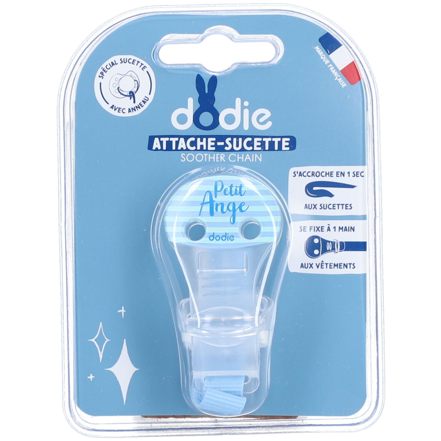 Attache-sucette Dodie en plastique bleu, emballage. Texte: Attache-sucette, Petit Ange, Dodie. Avec anneau.