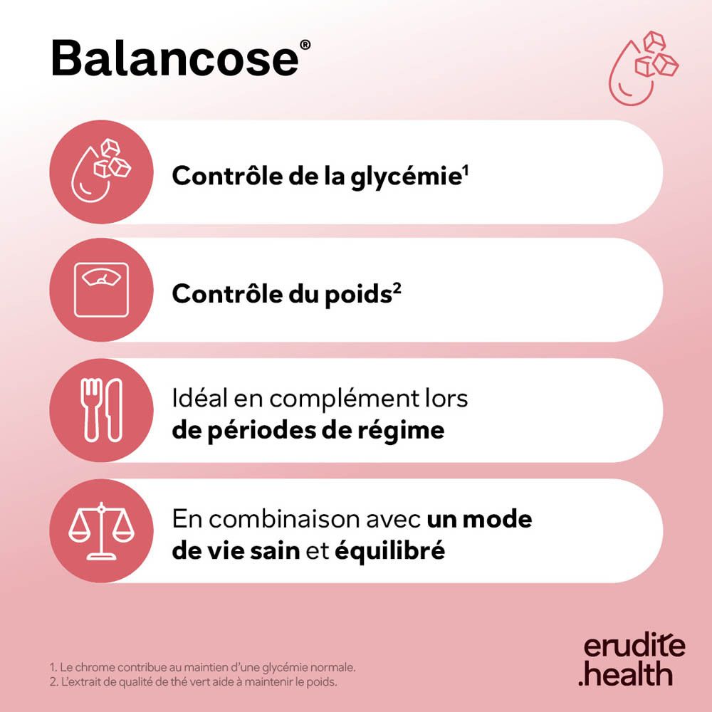 Femme mangeant une salade à côté de l'emballage Balancose, pour glycémie et poids.