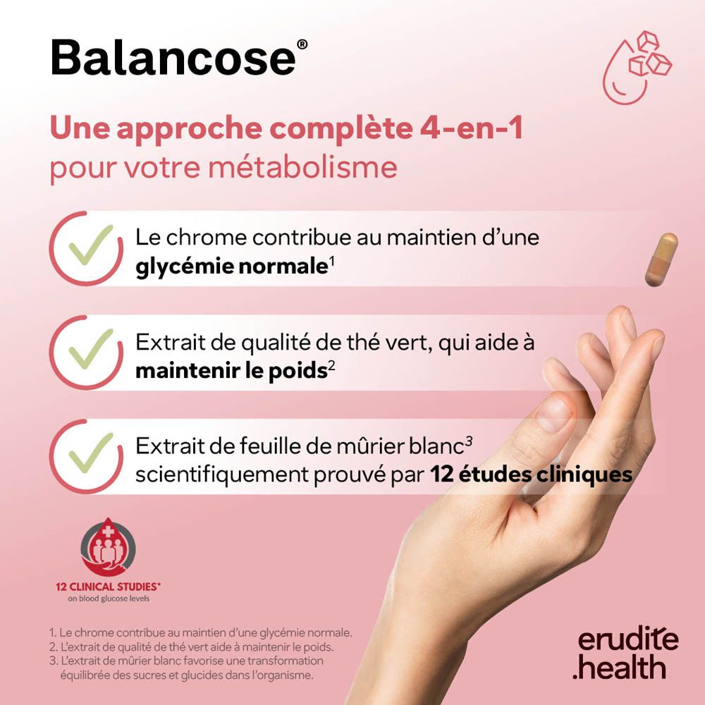 Balancose : réduit l'absorption des sucres et glucides, avec courbe de glycémie.