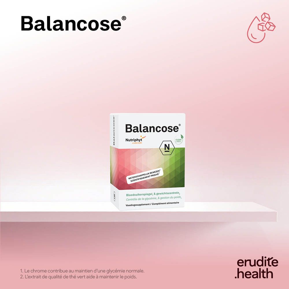 Emballage Nutriphyt Balancose sur étagère, pour glycémie et poids.