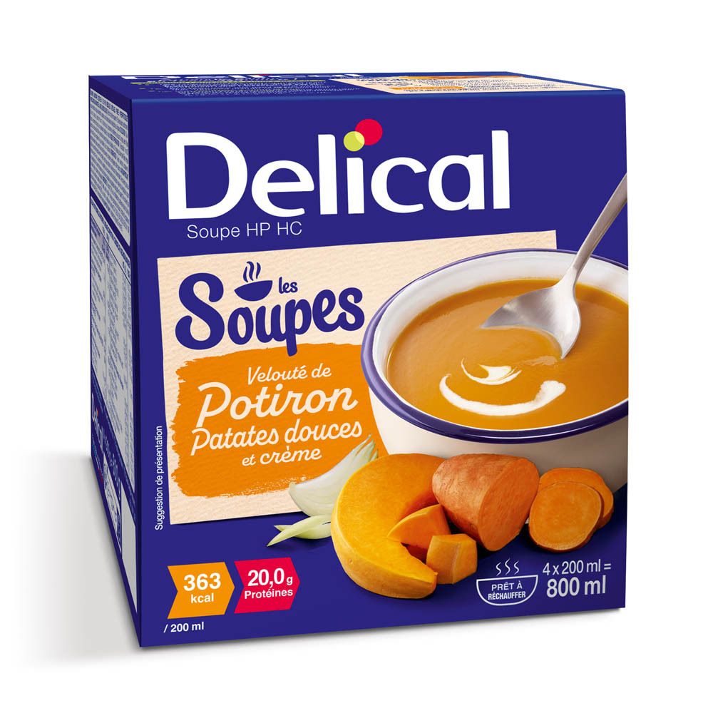 Boîte bleue Delical. Inscription : Velouté de Potiron, Patates douces et crème. Illustration d'une soupe dans un bol.