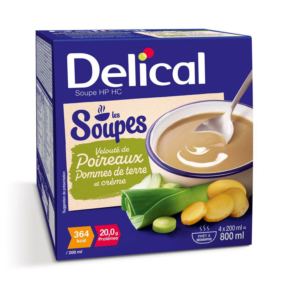 Delical Soupes Velouté de Poireaux, boîte de 4x200ml, poireaux et pommes de terre représentés.