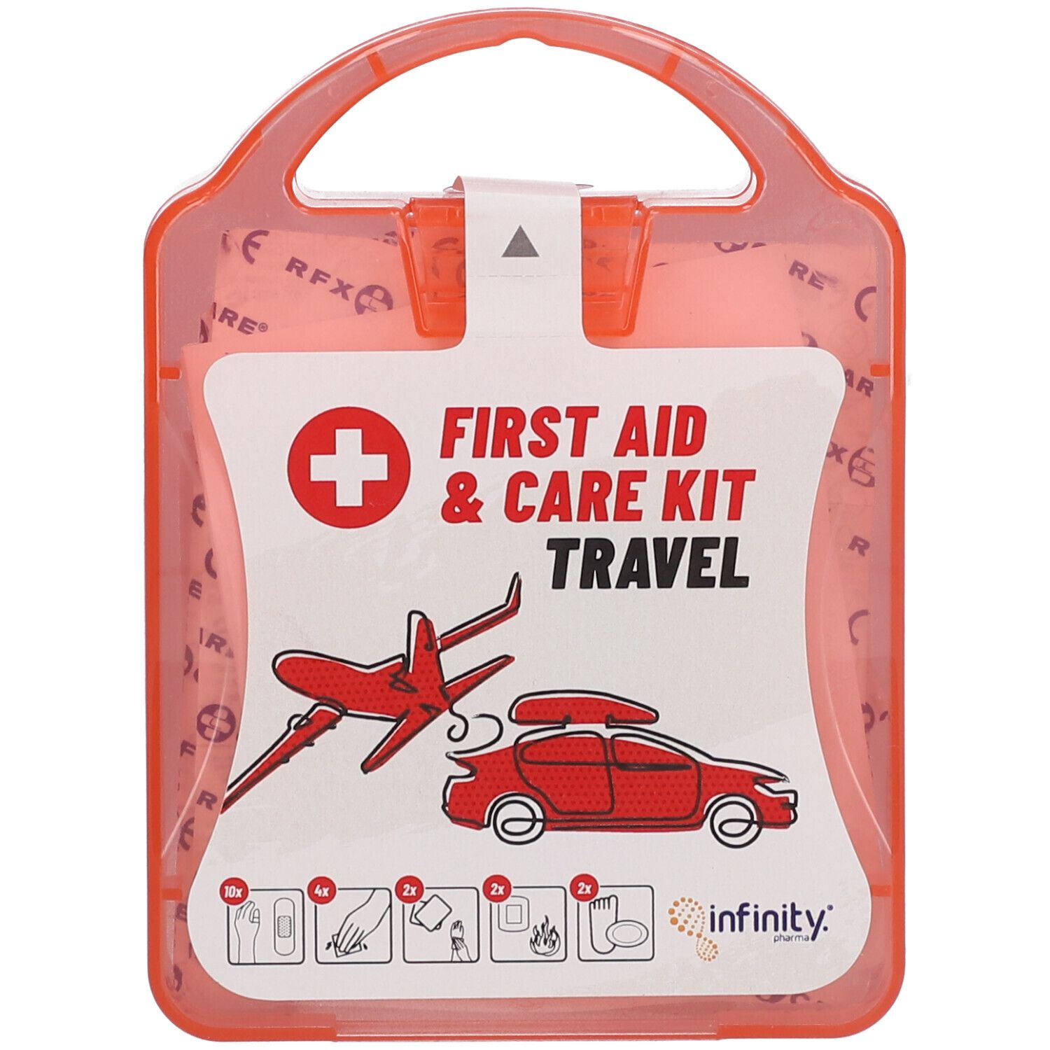 Trousse de premiers secours rouge avec poignée. Inscription : First Aid & Care Kit Travel. Illustrations d'avion et de voiture.