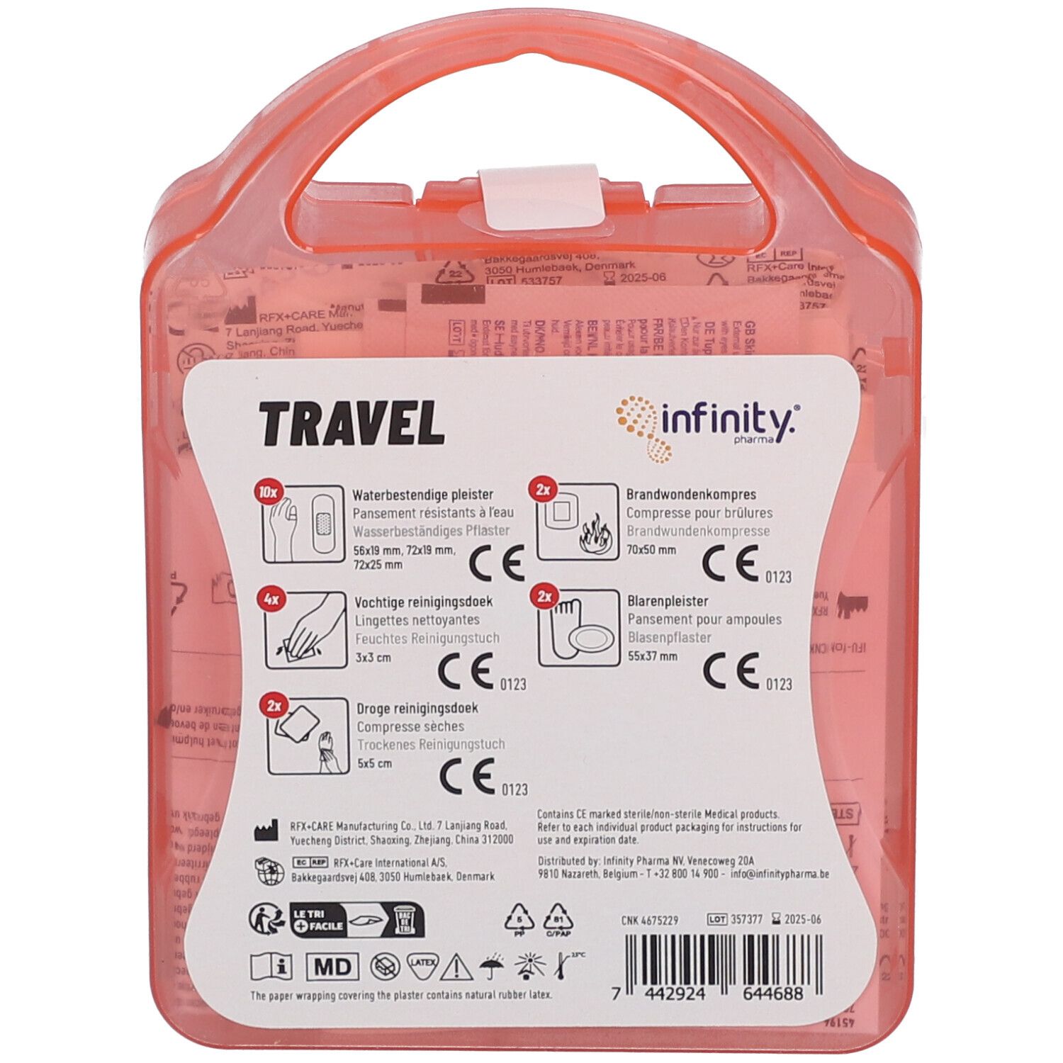 Dos de la trousse de premiers secours. Contient des informations sur le contenu et le marquage CE. Marque : infinity.