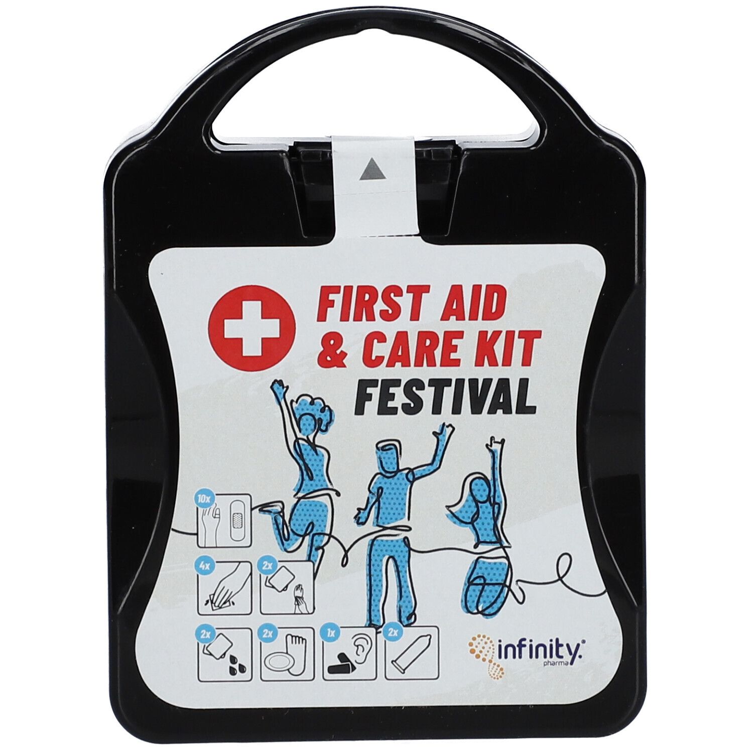 Trousse de premiers secours noire avec poignée. Étiquette blanche avec croix rouge, texte et figures. Marque : infinity pharma.